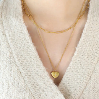 Inlaid Zircon Double Layered Heart Pendant Necklace Gold One Size