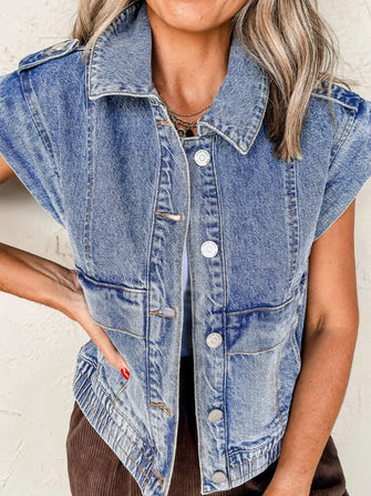 Button Up Cap Sleeve Denim Jacket Medium