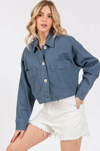 bytos Button Down Cropped Denim Jacket with Patch Pockets French Blue Woman Outerwear