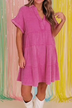 Mineral Wash Crinkle Split Neck Raw Hem Tiered Dress Casual Dresses