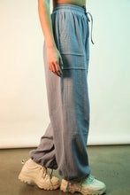 Light blue textured cotton wide leg gauze solid pants with elastic waistband and drawstring by very j