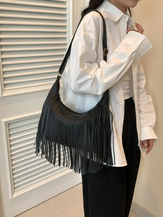 Fringe PU Leather Shoulder Bag Black One Size Shoulder Bags