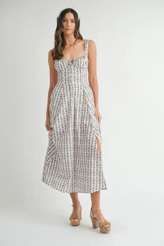 MABLE Floral Print Bustier Back Lace Up Midi Dress CREAM Casual Dresses