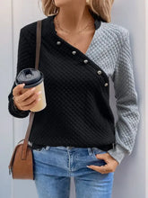 Perfee Decorative Button Contrast Long Sleeve Sweatshirt Black Woman Sweatshirts