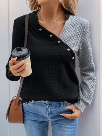 Perfee Decorative Button Contrast Long Sleeve Sweatshirt Black Woman Sweatshirts
