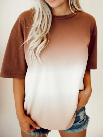 Gradient Round Neck Short Sleeve T-Shirt Brown