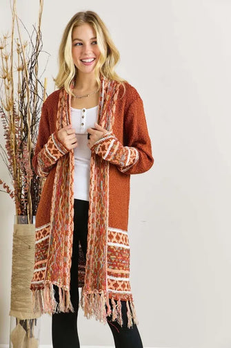 ADORA Full Size Fringe Hem Aztec Border Cardigan Plus Size RUST