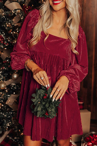 Square Neck Long Sleeve Mini Dress Burgundy