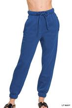 Light navy blue zenana fleece drawstring joggers with elastic waistband relaxed fit and ribbed cuffs
