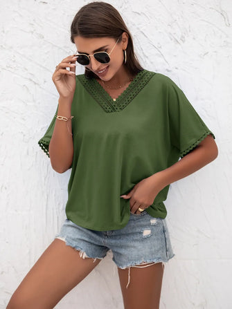 Ivy Lane Lace Detail V-Neck T-Shirt Dark Green