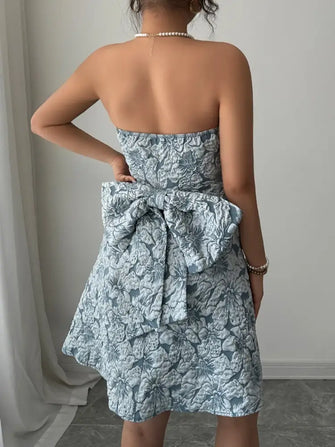 Bow Back Tube Mini Dress Light Blue Casual Dresses
