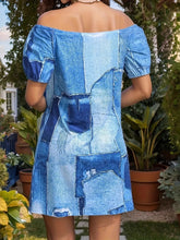 Patchwork Off Shoulder Denim Mini Dress