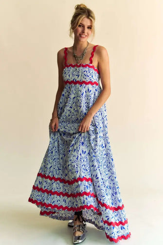 Davi & Dani Geo 2 Tone Printed Wavi Trim Tiered Maxi Dress COBALT Casual Dresses