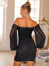Pearl Trim Sweetheart Neck Long Sleeve Mini Dress Cocktail Dress