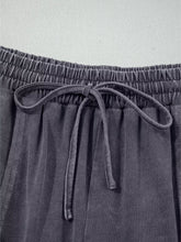 Dark gray flower patch mineral washed terry knit cropped wide leg pants with soft texture and elastic waistband