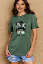 Simply Love mom life graphic olive green tee with messy bun and skull accents