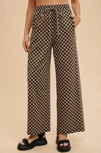Annie Wear Drawstring Checkered Wide Leg Pants Camel Woman Pants