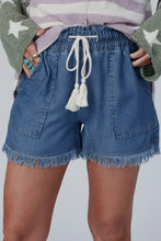 Raw Hem Drawstring High Waist Denim Shorts with Pockets Navy