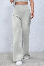 Light gray basic bae size ribbed high waist flare pants with subtle vertical texture and wide-leg design