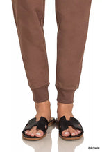 Brown corduroy drawstring cotton joggers with ribbed cuffs and pockets by Zenana for comfortable casual wear