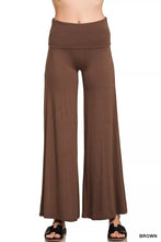 Brown zenana fold over waist comfy wide-leg pants made of soft stretchy fabric with high waist wide leg design