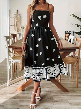 Floral Print Spaghetti Strap Midi Dress Black