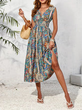Smocked Printed Surplice Sleeveless Midi Dress