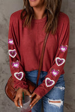 Heart Sequin Round Neck Long Sleeve T-Shirt Deep Red