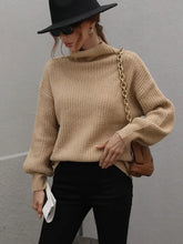 Woven Right High Neck Balloon Sleeve Rib-Knit Pullover Sweater Tan Sweater Pullovers