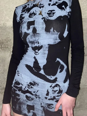 Printed Round Neck Long Sleeve Mini Dress Black Casual Dresses