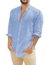 Men's Full Size Casual Linen Button Down Shirt Plus Size Light Blue