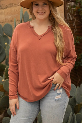 Plus Size Notched Long Sleeve T-Shirt Caramel