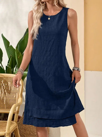Ruffled Textured Round Neck Sleeveless Dress Dark Navy Casual Dresses