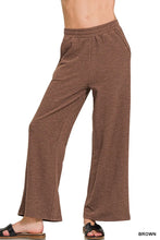 Brown Zenana cotton slub wide leg pants with soft texture and elastic waistband for comfortable wear
