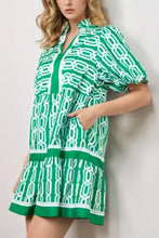 Abstract Patterned V Neck Puff Short Sleeve Mini Dress Green Casual Dresses