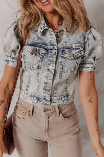 Wash Buttoned Chest Pocket Puff Sleeve Denim Jacket Medium