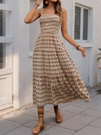 Printed Tiered Wide Strap Midi Dress Camel