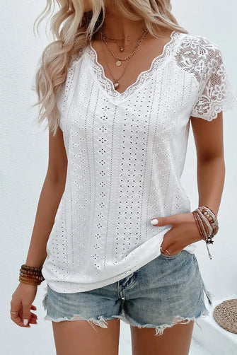 Eyelet Lace Detail V-Neck T-Shirt White