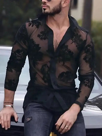 Men's Lace Button Down Long Sleeve Shirt Black Mens Tops