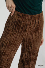 Umgee velvet pleated wide leg brown velvet pants with ribbed texture and elastic waistband for comfortable wear
