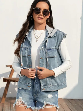 Drawstring Button Up Sleeveless Denim Jacket Light Blue Woman Outerwear