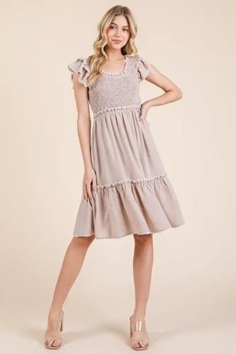 Lime 'N' Chili Ruffle Trim Smocked Dress with Contrast TAUPE Casual Dresses