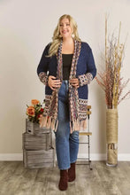 Navy blue Aztec border cardigan with fringe hem and patterned sleeves
