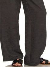 Zenana woven crepe elastic band dark gray trousers with relaxed fit and visible seam detail in textured fabric