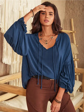 Tie Neck Long Sleeve Blouse Dark Blue Woman Blouses