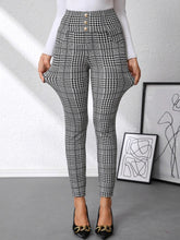 High waist plaid slim black and white houndstooth leggings with button front design for a stylish fit