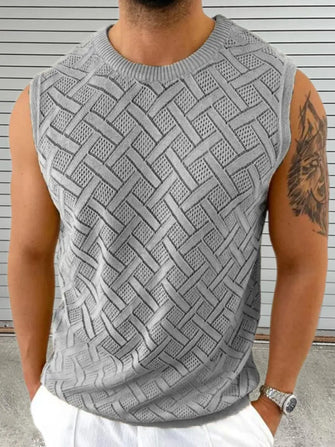 Men's Round Neck Sleeveless Eyelet Knit Top Gray Tanks & Camis