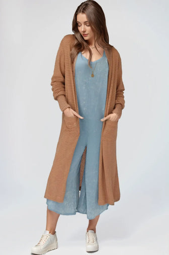 Open Front Long Sleeve Longline Slit Cardigan Camel