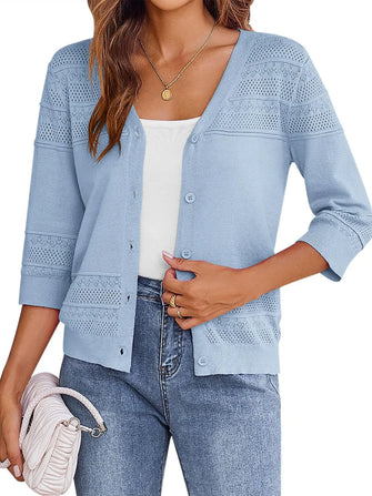 Button Up 3/4 Sleeve Cardigan Light Blue