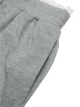 Gray heathered wide leg casual pants with lace detail and ribbed waistband featuring subtle texture